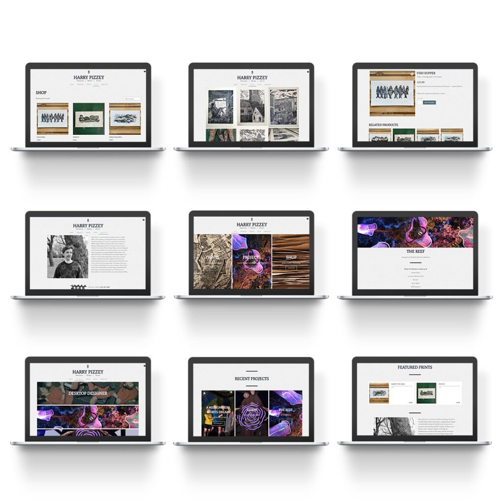 Visual showing Harry Pizzey's LMB Design website in various screen states